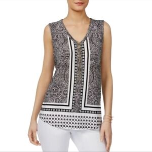INC Printed Zip Front Top Size M Black White
